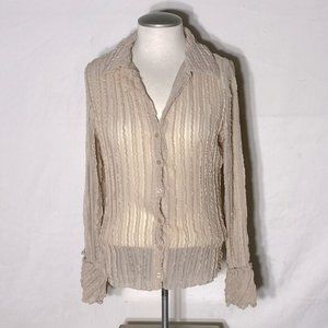 Vintage Y2K Guess Jeans Beige Ruffle Semi Sheer Button Up Blouse M